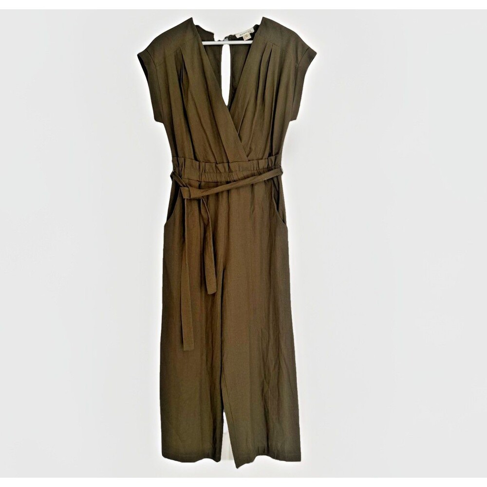 Monteau Olive Green Sleeveless Jumpsuit Linen Blend Sz M Euro Vacation Luxury